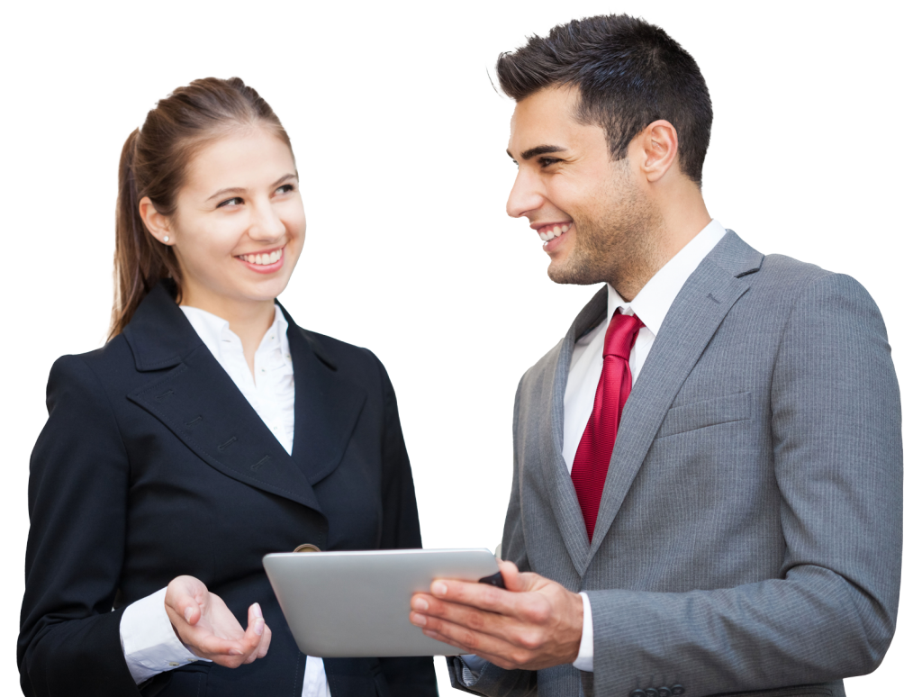 A man with a tablet in his hand showing something to a woman next to him